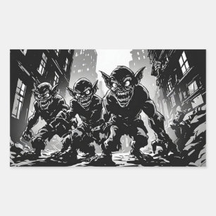 Goblin Demons Derelict City BW Retro Comic Style Rectangular Sticker