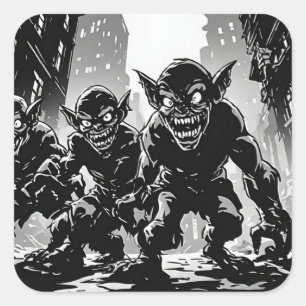 Goblin Demons Derelict City BW Retro Comic Style Square Sticker