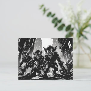 Goblin Demons Derelict Street BW 50s Graphic Style Postcard