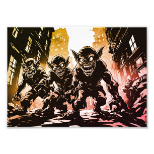 Goblin Demons Ruined City Retro 50s Graphic Style Photo Print