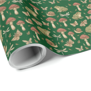Goblincore Mushroom Frog Snail Dragonfly Pattern Wrapping Paper