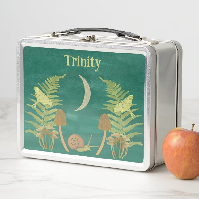 Goblincore Snail and Mushrooms Personalised Metal Lunch Box (In Situ)