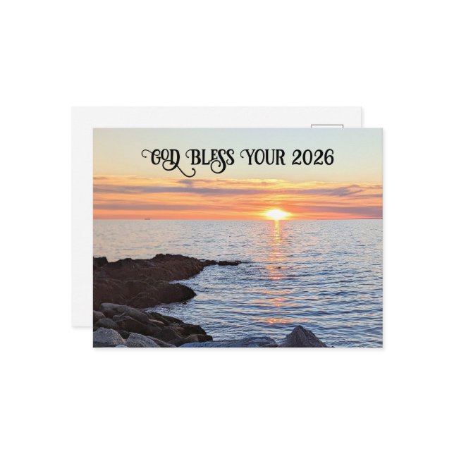 God Bless 2026 New Year Golden Sunset Photo Holiday Postcard (Front/Back In Situ)