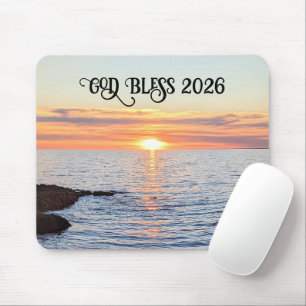 God Bless 2026 New Year Golden Sunset Photo Mouse Mat