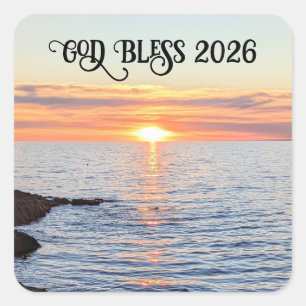 God Bless 2026 New Year Golden Sunset Photo Square Sticker