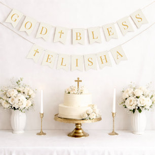 God Bless 6 Letters Ivory & Gold Baptism Communion Bunting