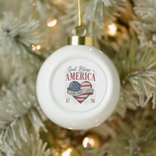 God Bless America 250th Patriotic Heart Flag Ceramic Ball Christmas Ornament