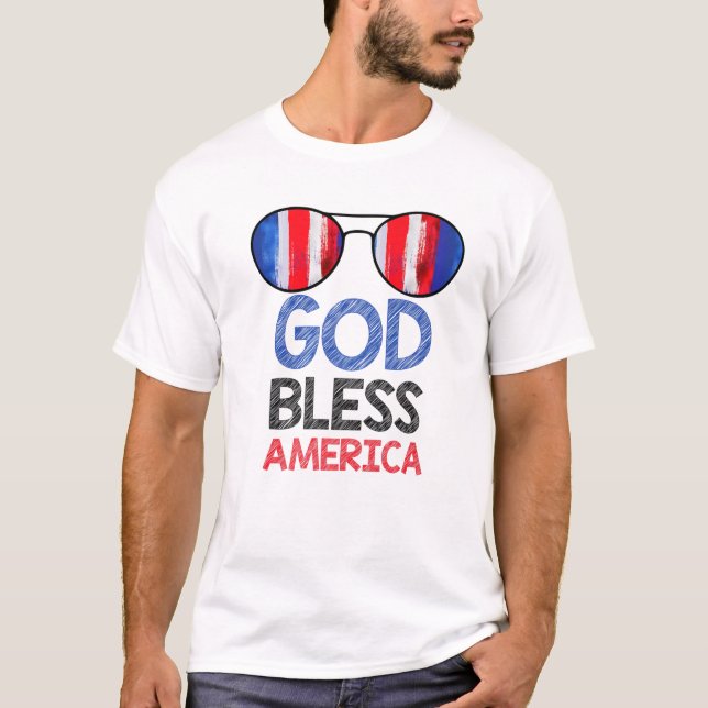 God Bless America American Flag And Sunglasses T-Shirt (Front)