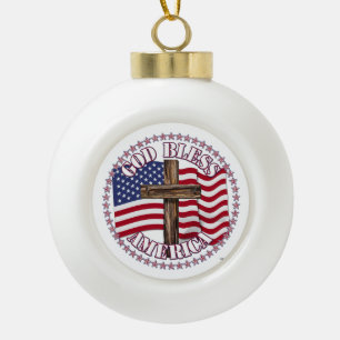 God Bless America and Cross With USA Flag 50 Stars Ceramic Ball Christmas Ornament