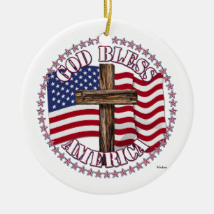 God Bless America and Cross With USA Flag 50 Stars Ceramic Tree Decoration