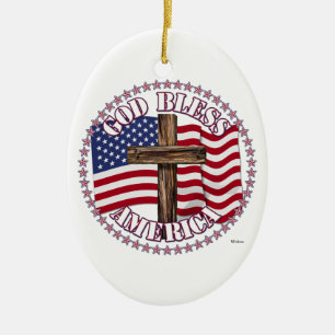 God Bless America and Cross With USA Flag 50 Stars Ceramic Tree Decoration