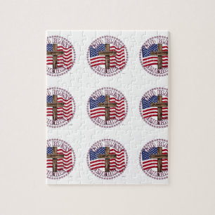 God Bless America and Cross With USA Flag 50 Stars Jigsaw Puzzle