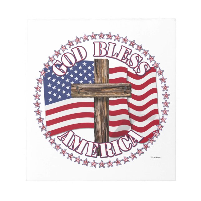 God Bless America and Cross With USA Flag 50 Stars Notepad (Front)