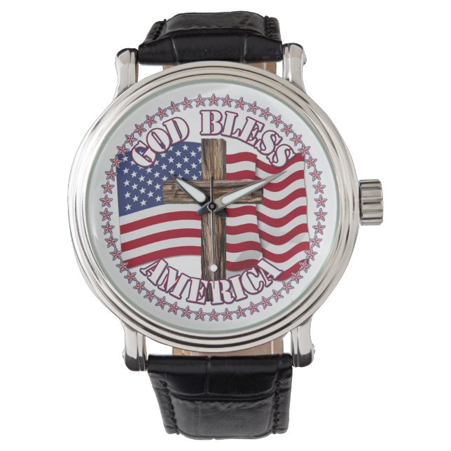 God Bless America and Cross With USA Flag 50 Stars Watch (Front)