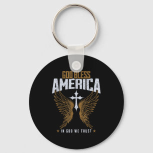 God Bless America Christian Cross & Angel Wing Key Ring