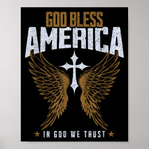 God Bless America Christian Cross & Angel Wing Poster