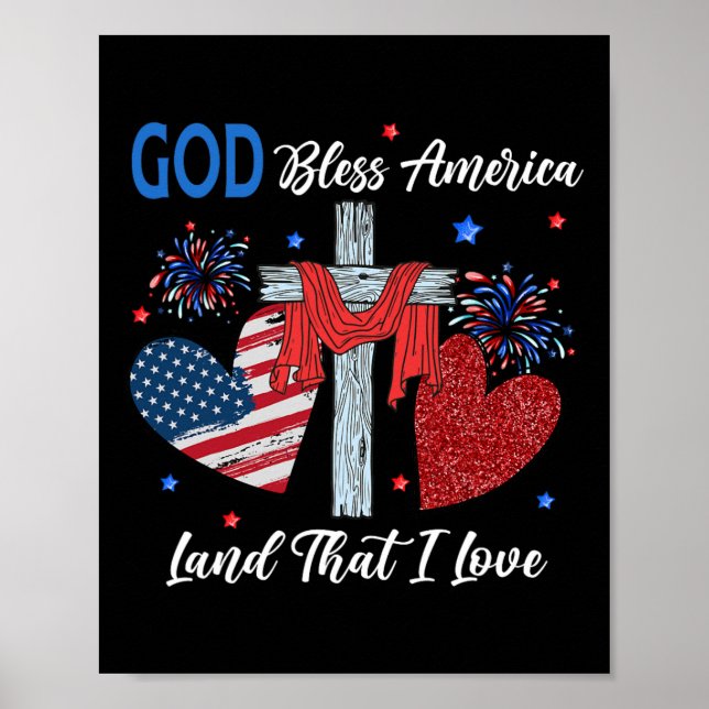 God Bless America Christian Heart Cross Jesus 4th  Poster (Front)