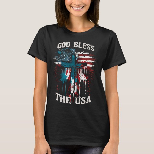 God Bless America Christian Patriotic Cross T-Shirt (Front)