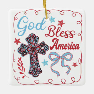 God Bless America Cross Design Ceramic Ornament