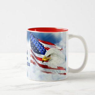 God Bless America, Eagle & Flag in Sky Two-Tone Coffee Mug