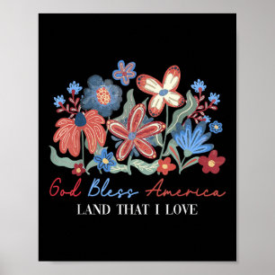 God Bless America Flower 4th July Independence Day Poster
