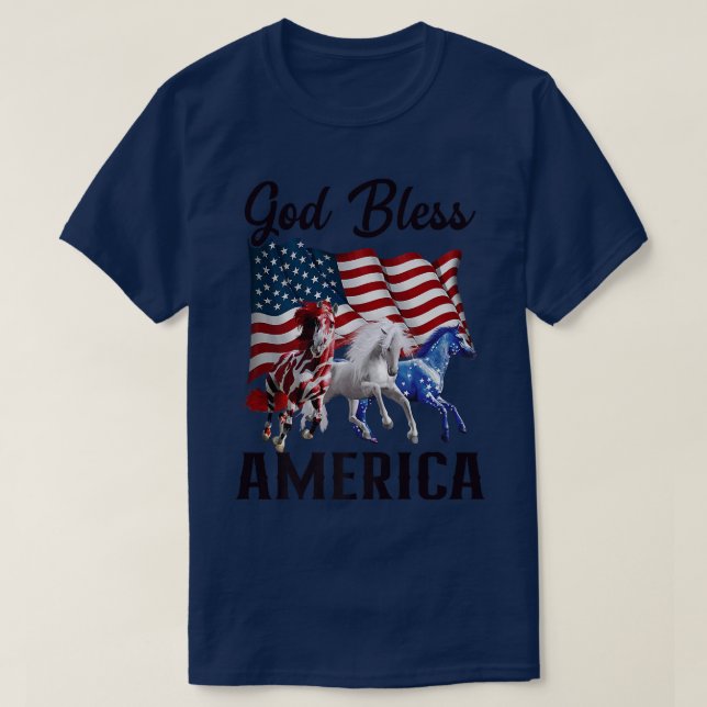 God Bless America Horses Flag Fourth of July Premi T-Shirt (Design Front)