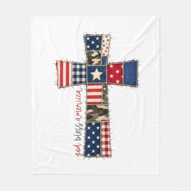 God Bless America Patchwork Cross Fleece Blanket (Front)