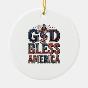 God Bless America Patriotic Cross Vintage Shirt_1 Ceramic Tree Decoration