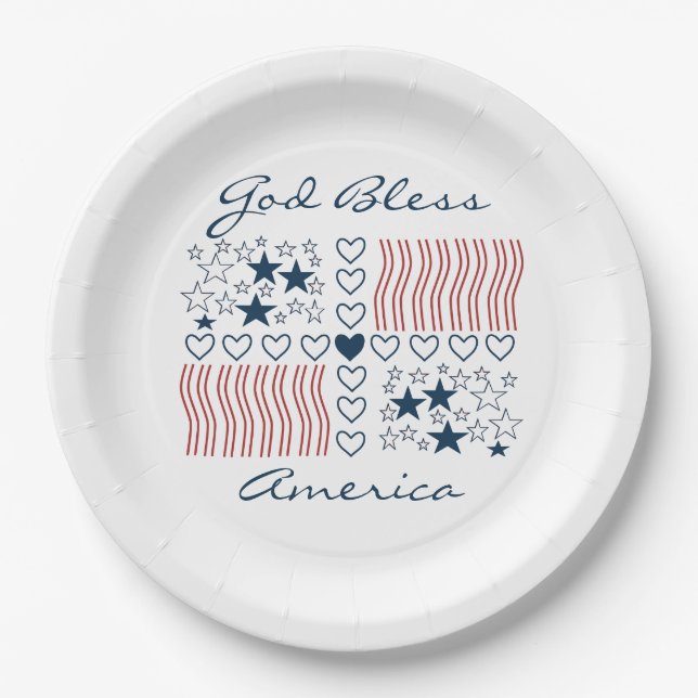 God Bless America Patriotic Stars Stripes Hearts Paper Plate (Front)