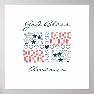 God Bless America Patriotic Stars Stripes Hearts Poster