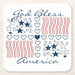 God Bless America Patriotic Stars Stripes Hearts  Square Paper Coaster