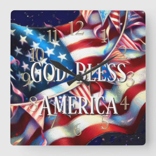 God Bless America Patriotic USA Flag Bunting Square Wall Clock