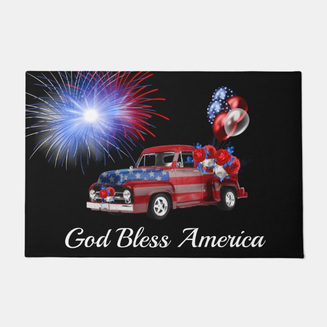 God Bless America Red White and Blue Fireworks Doormat (Front)