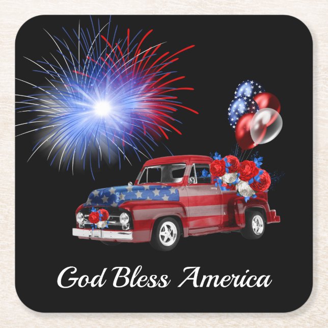 God Bless America Red White and Blue Fireworks    Square Paper Coaster (Front)
