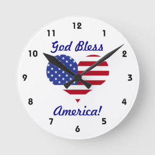 God Bless America!-U.S. Heart Shaped Flag Round Clock