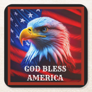 God Bless America US Flag Bald Eagle Square Paper Coaster
