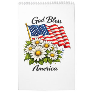 God Bless America USA Flag and Daisies Floral Art Calendar