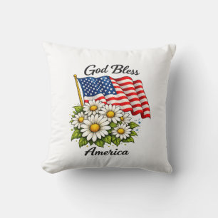 God Bless America USA Flag and Daisies Floral Art Cushion