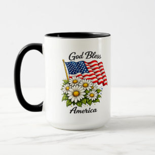 God Bless America USA Flag and Daisies Floral Art Mug