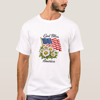God Bless America USA Flag and Daisies Floral Art T-Shirt