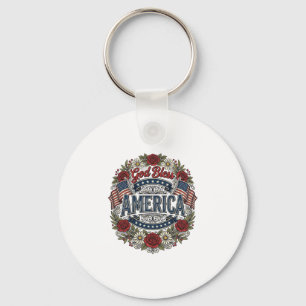 God Bless America Vintage Patriotic Floral Key Ring