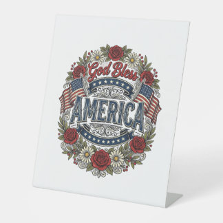 God Bless America Vintage Patriotic Floral Pedestal Sign