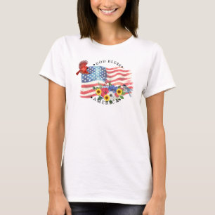 God Bless America Watercolor Flag/Flowers/Birds 3 T-Shirt
