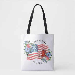 God Bless America Watercolor Flag/Flowers/Birds II Tote Bag