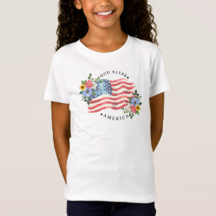 God Bless America Watercolor Flag & Flowers III T-Shirt