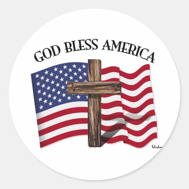 GOD BLESS AMERICA with rugged cross & US flag Classic Round Sticker (Front)