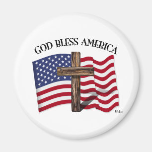 GOD BLESS AMERICA with rugged cross & US flag Magnet