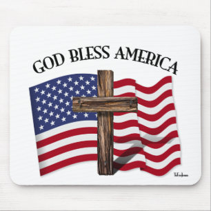 GOD BLESS AMERICA with rugged cross & US flag Mouse Mat