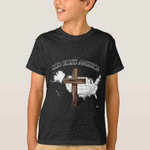 GOD BLESS AMERICA with rugged cross & US outline T-Shirt