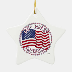 God Bless America With USA Flag And 50 Stars Ceramic Tree Decoration